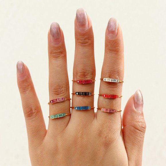 Light Blue Mint Enamel‎ Mama Adjustable Zircon Stackable Ring 18K Gold Plated - Picture 7 of 9